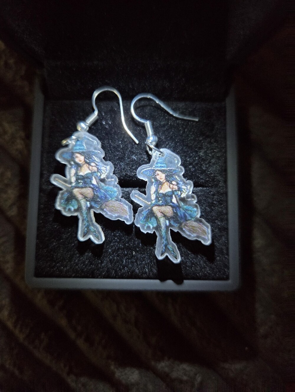 Gothic Witch on Broom Dangle Earrings – Blue & Black Halloween Jewelry